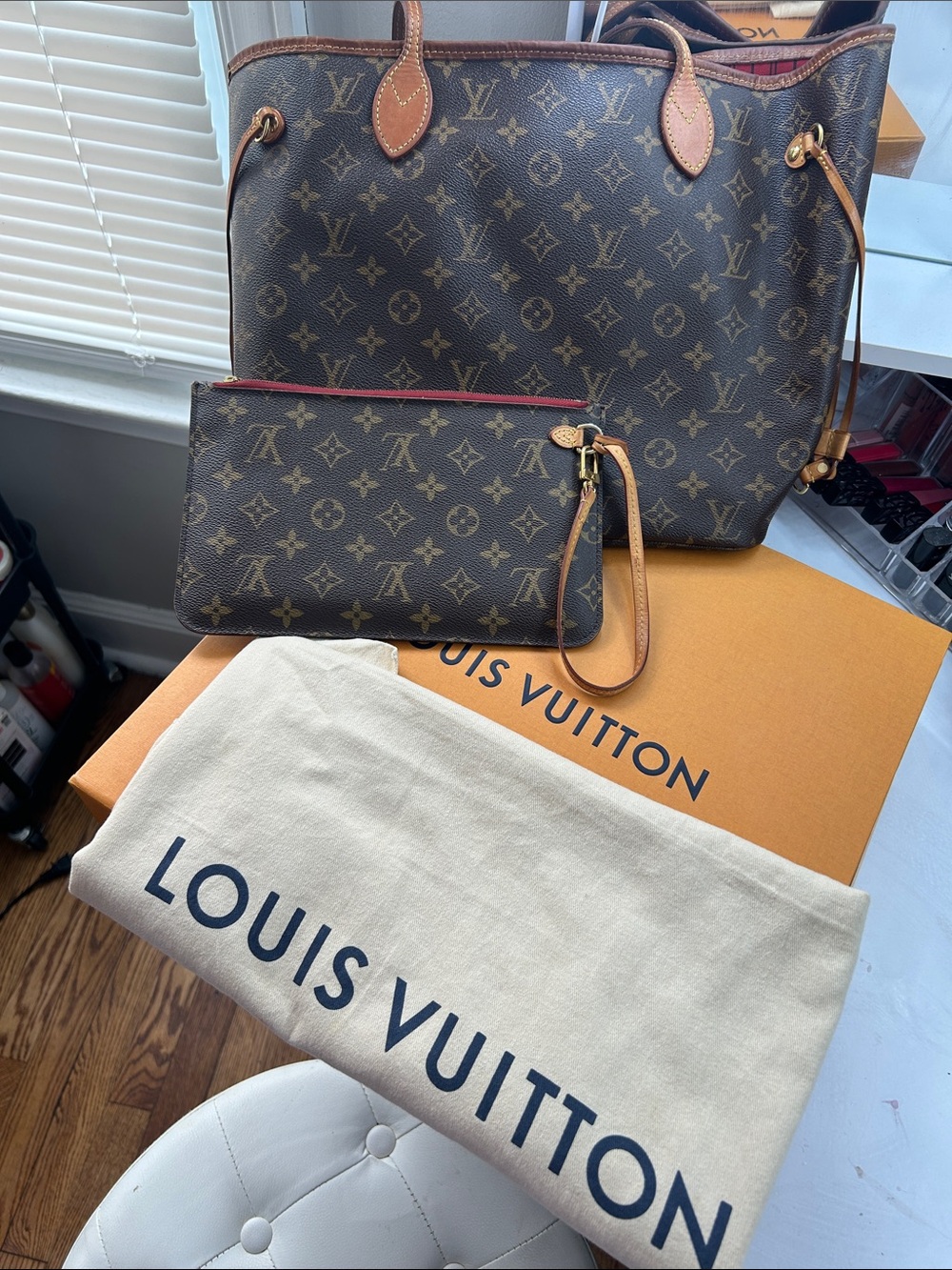 Louis Vuitton Monogram Canvas Tote and Pouch in Brown with Tan Trim